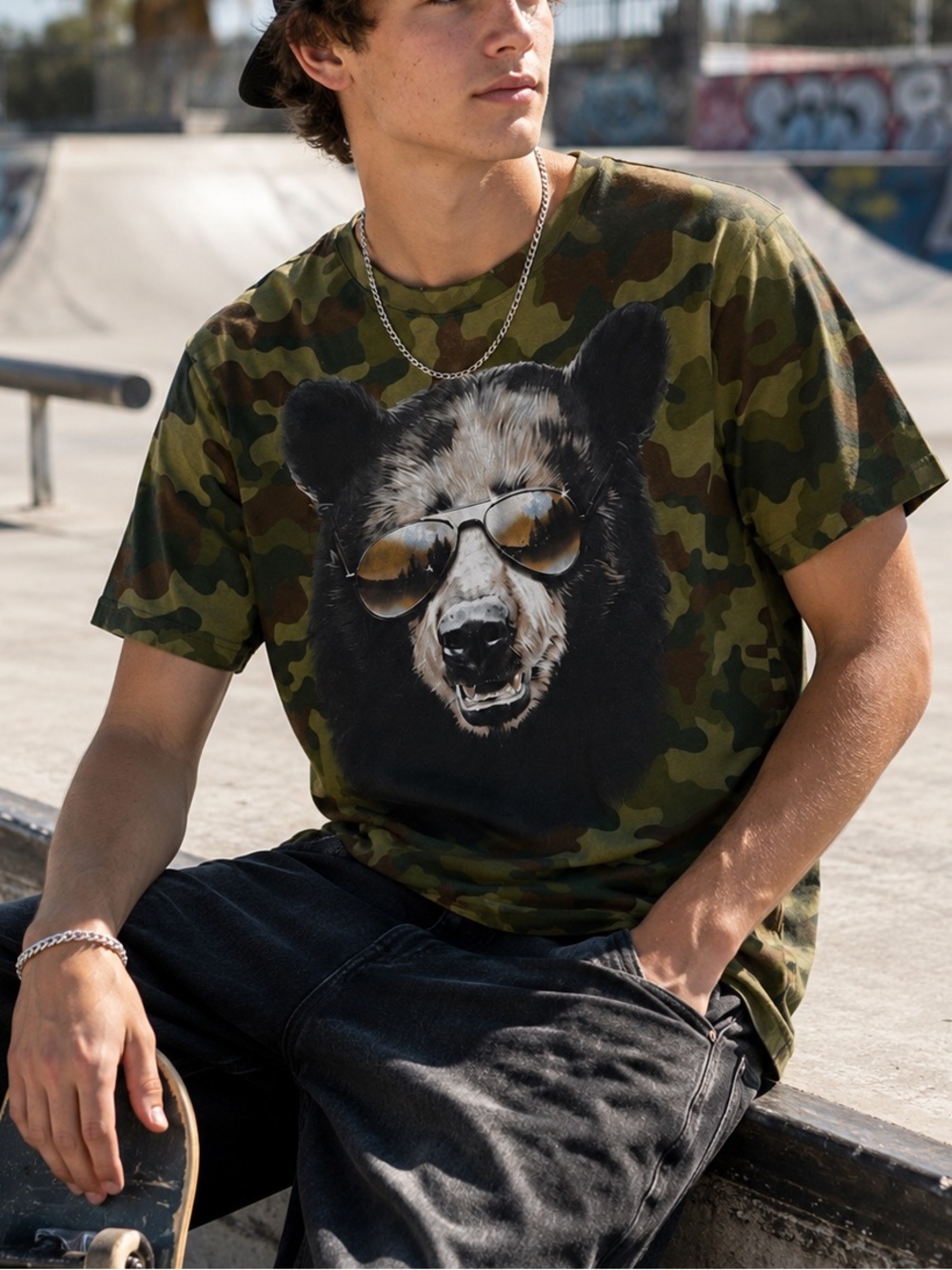 Fifth Sun Premium Apparel Mens Woodland Camo Bear Graphic Tee - SZ L NWOT